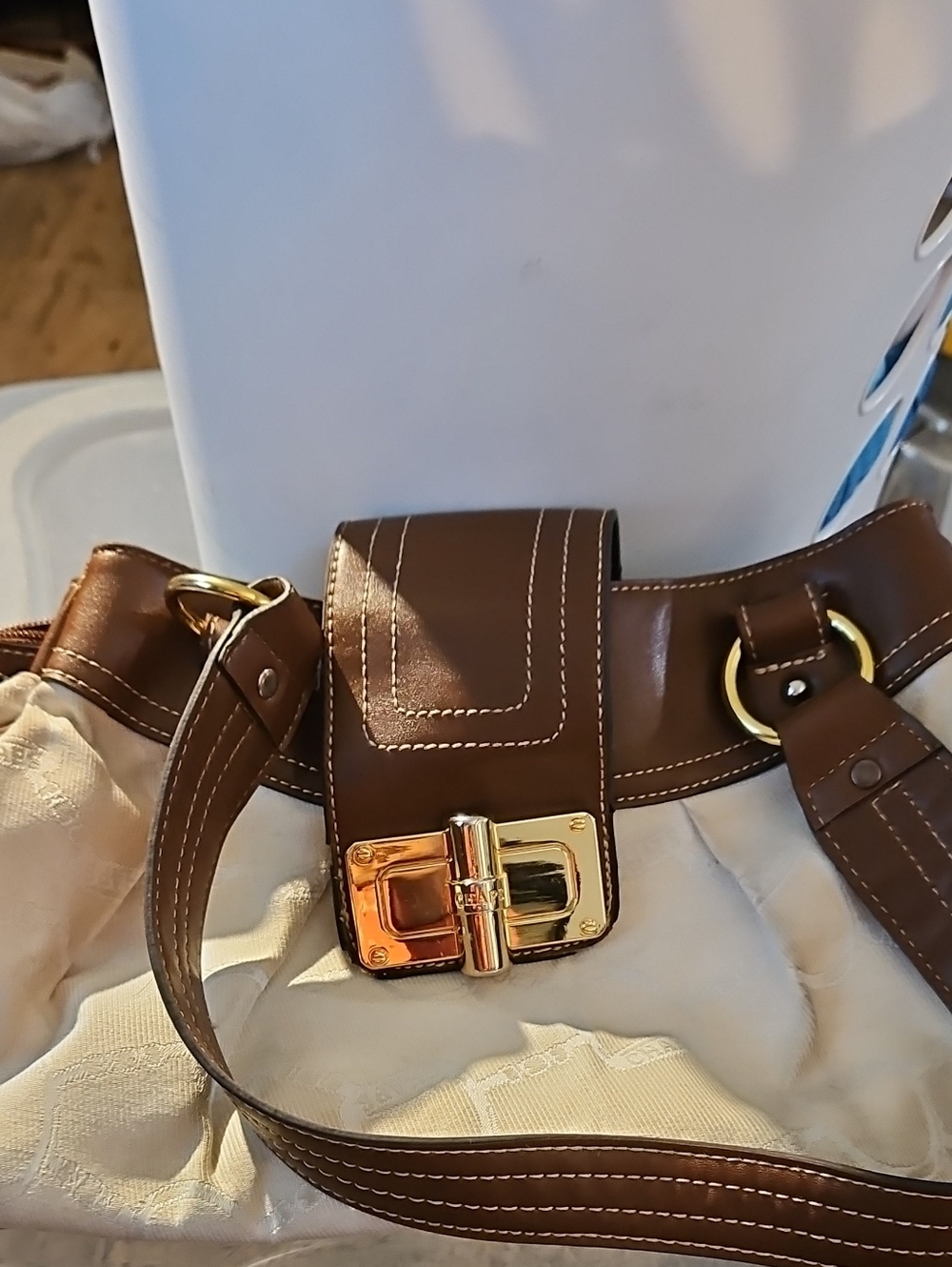 Chaps Brown and Cream Top Handle Purse with Gold-Tone Hardware Z3